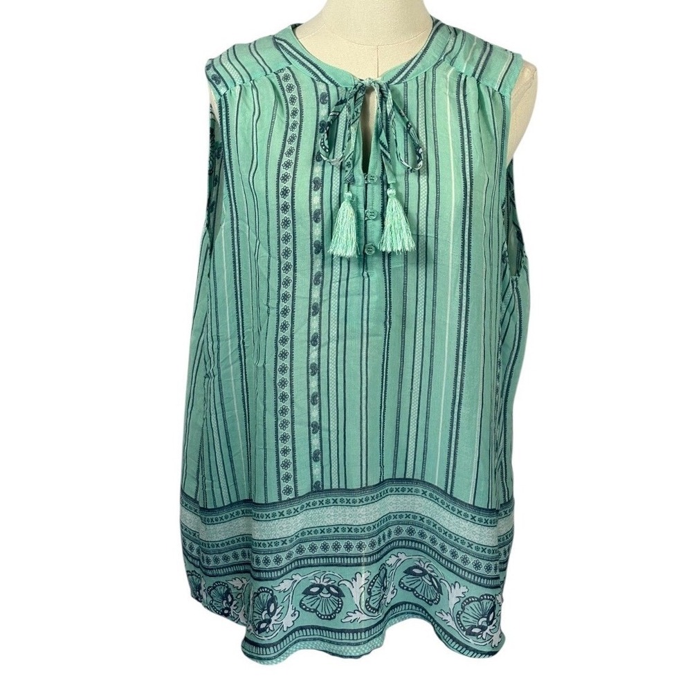 St. John's Bay Teal Flowy Tank Top‎ w/ Blue Stripes & Floral Pattern on Hem (XL)